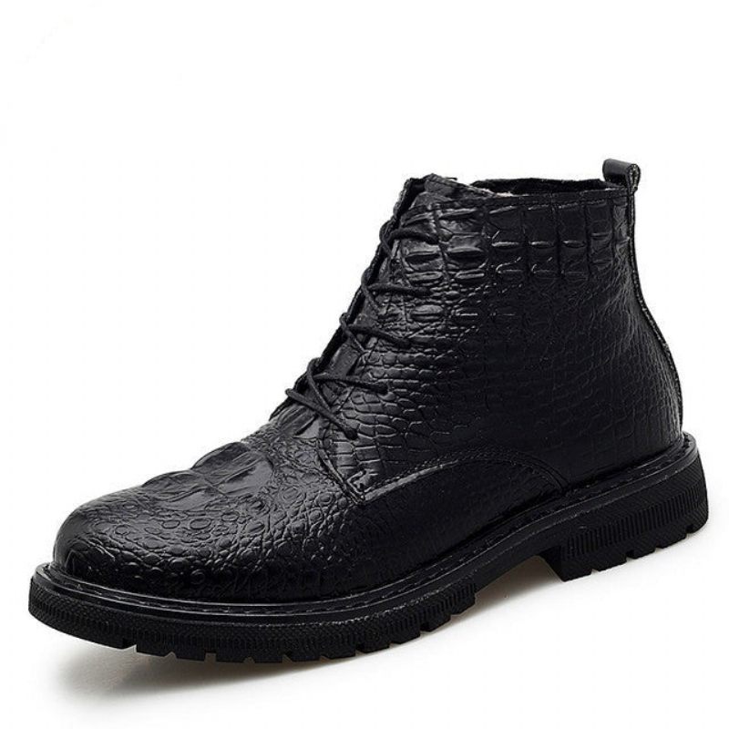 Botas Masculinas Couro Crocodilo Luxo Com Cadarço E Pele Pelúcia - Preto