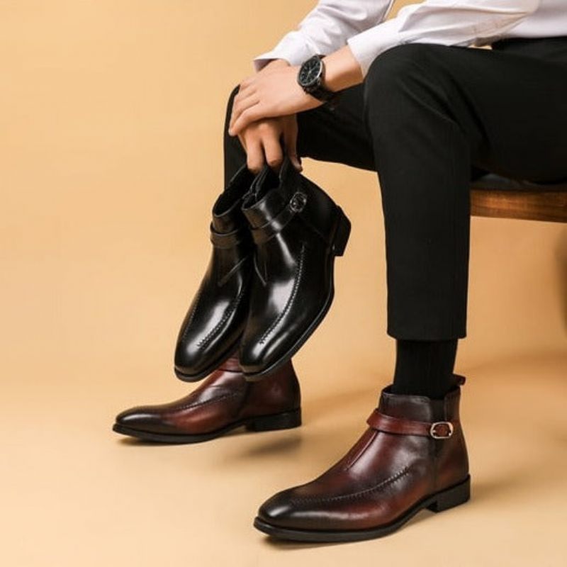 Botas Masculinas Couro Exótico Com Bico Redondo E Cano Curto - Vermelho