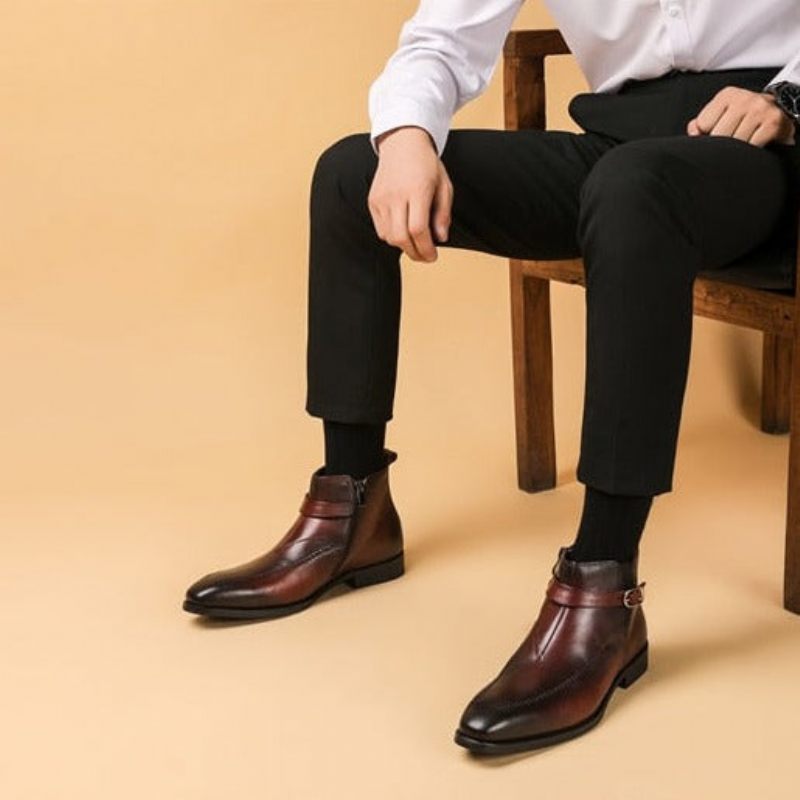 Botas Masculinas Couro Exótico Com Bico Redondo E Cano Curto - Vermelho