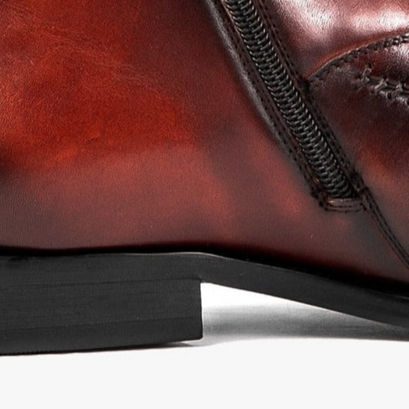 Botas Masculinas Couro Exótico Com Bico Redondo E Cano Curto - Vermelho