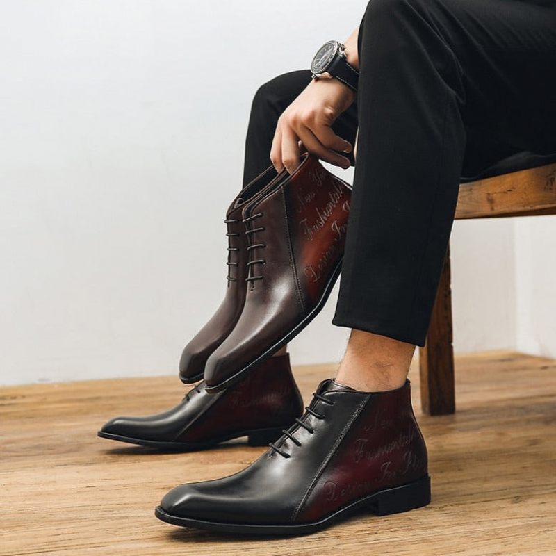 Botas Masculinas Couro Exótico Luxo Com Cadarço - Vermelho