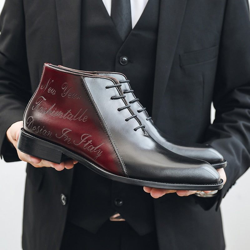 Botas Masculinas Couro Exótico Luxo Com Cadarço - Vermelho