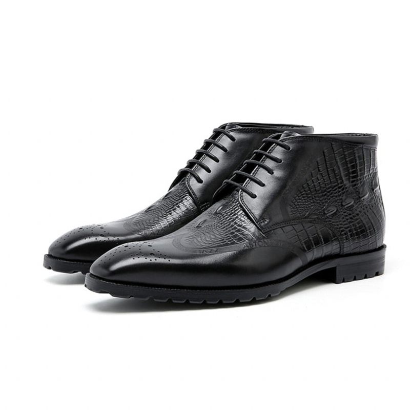 Botas Masculinas Couro Genuíno Com Cordões E Exóticas - Preto