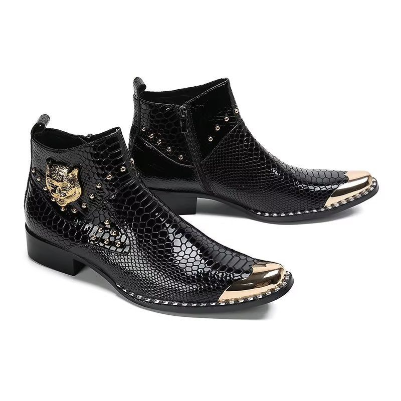 Botas Masculinas Couro Genuíno Com Textura Crocodilo - Preto