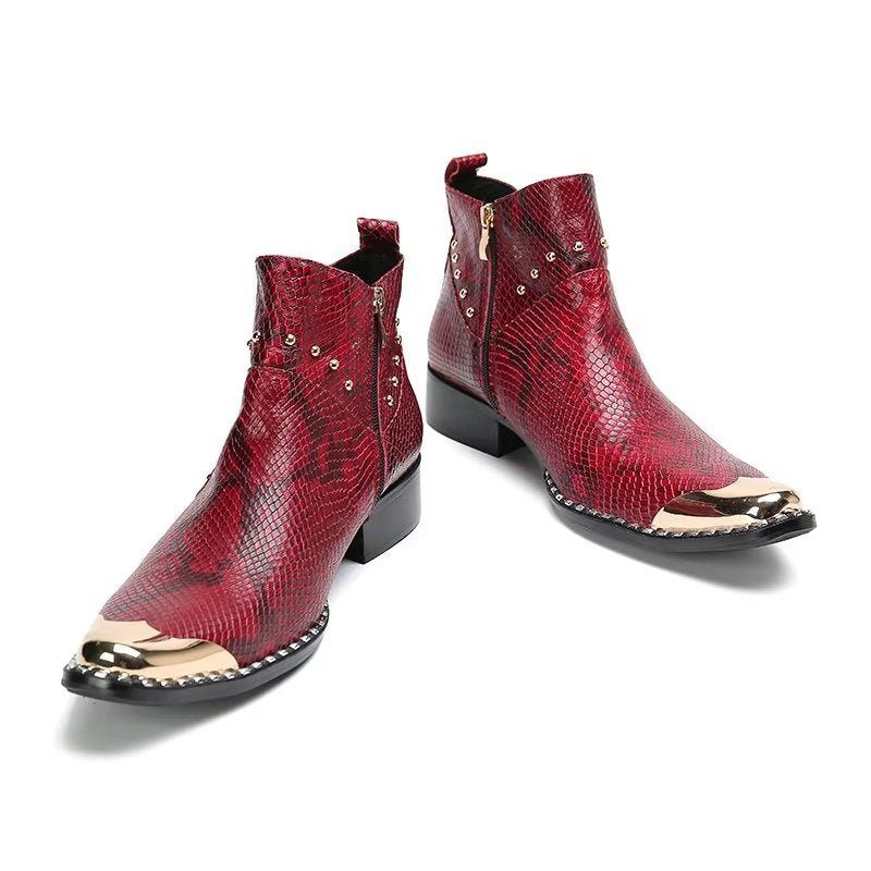 Botas Masculinas Couro Genuíno Com Textura Crocodilo - Vermelho