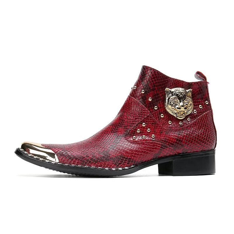 Botas Masculinas Couro Genuíno Com Textura Crocodilo - Vermelho