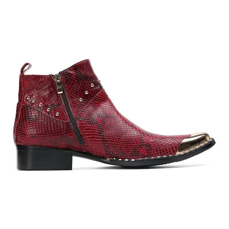 Botas Masculinas Couro Genuíno Com Textura Crocodilo - Vermelho