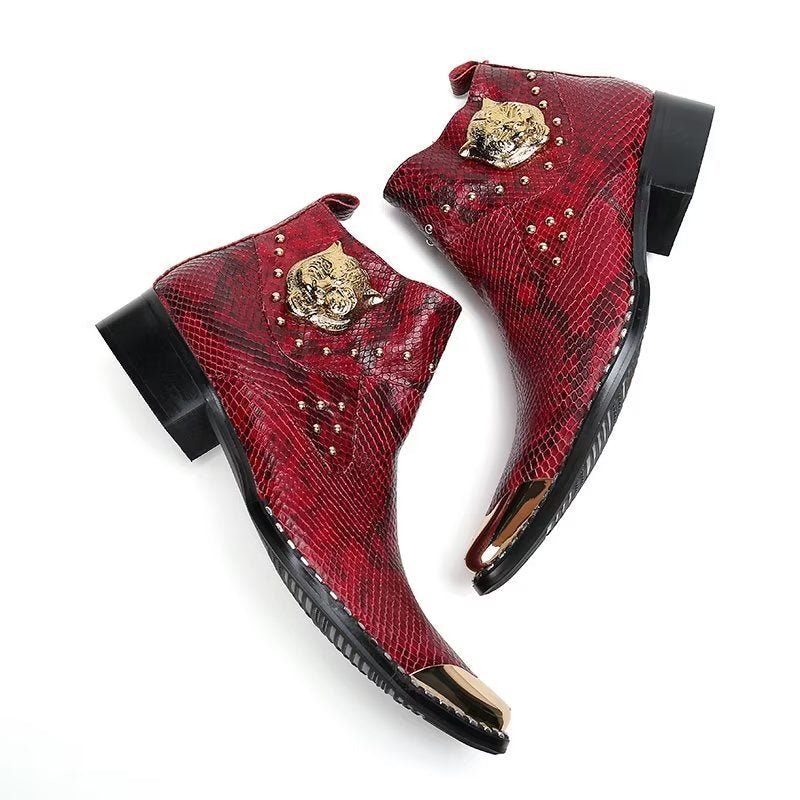 Botas Masculinas Couro Genuíno Com Textura Crocodilo - Vermelho