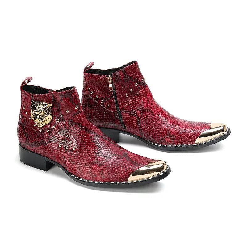 Botas Masculinas Couro Genuíno Com Textura Crocodilo - Vermelho