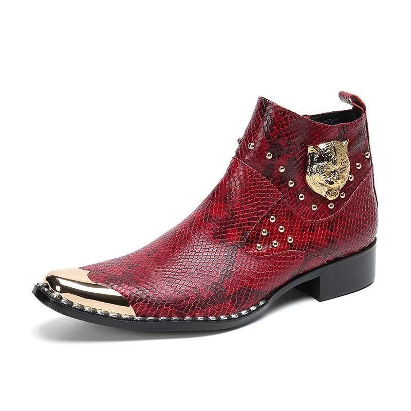 Botas Masculinas Couro Genuíno Com Textura Crocodilo - Vermelho