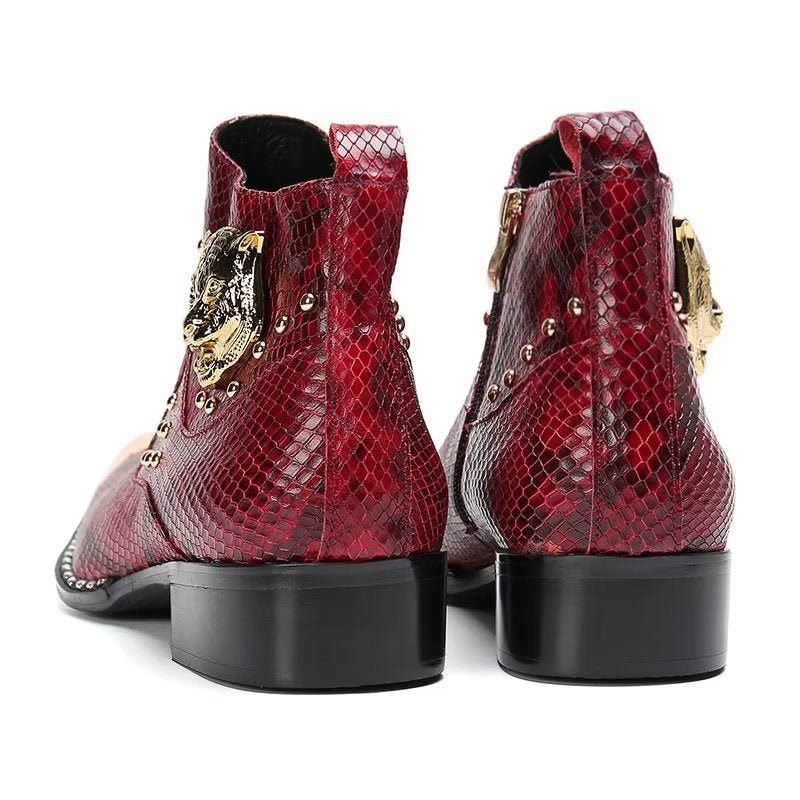 Botas Masculinas Couro Genuíno Com Textura Crocodilo - Vermelho