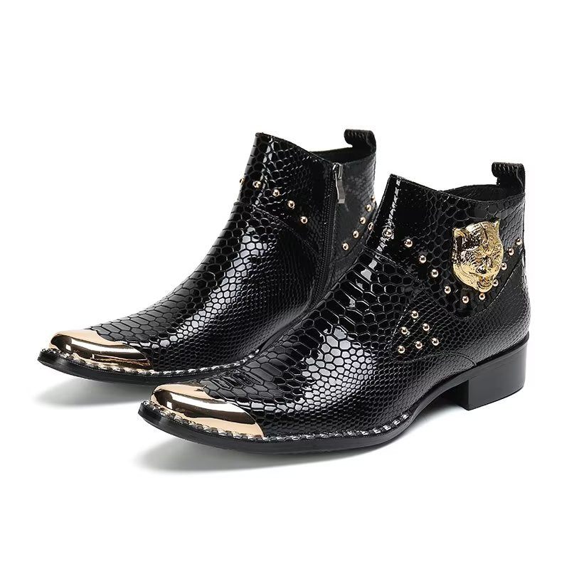 Botas Masculinas Couro Genuíno Com Textura Crocodilo - Preto