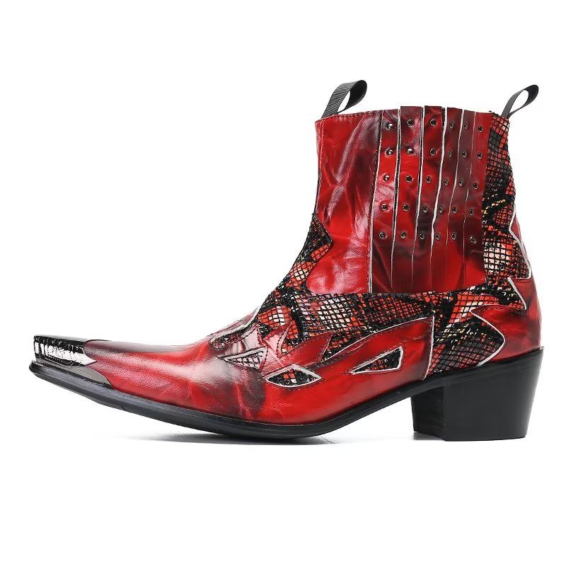 Botas Masculinas Couro Genuíno Com Textura Exótica - Vermelho