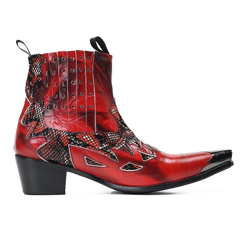 Botas Masculinas Couro Genuíno Com Textura Exótica - Vermelho