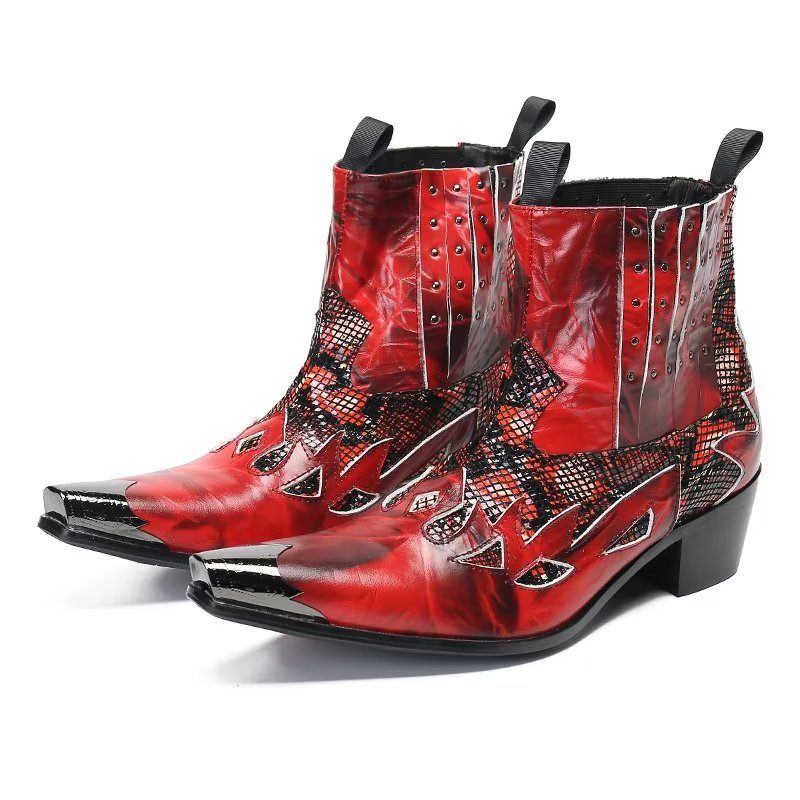 Botas Masculinas Couro Genuíno Com Textura Exótica - Vermelho