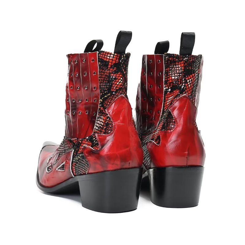 Botas Masculinas Couro Genuíno Com Textura Exótica - Vermelho