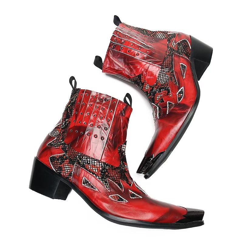 Botas Masculinas Couro Genuíno Com Textura Exótica - Vermelho