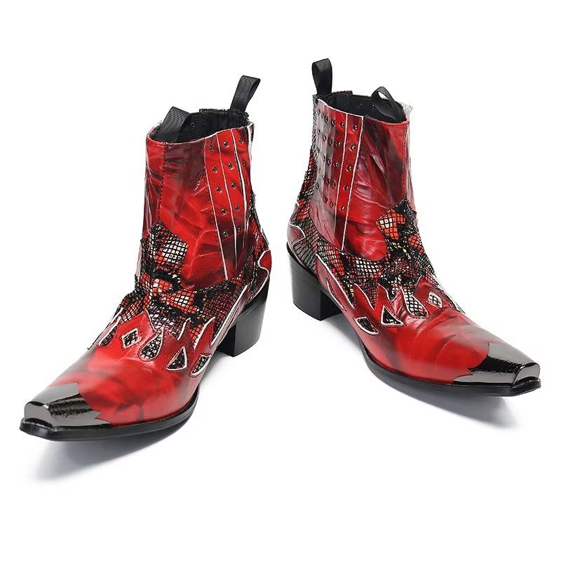 Botas Masculinas Couro Genuíno Com Textura Exótica - Vermelho