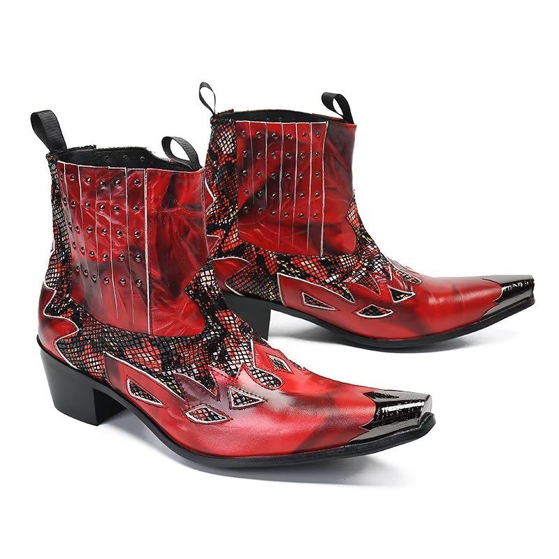 Botas Masculinas Couro Genuíno Com Textura Exótica - Vermelho