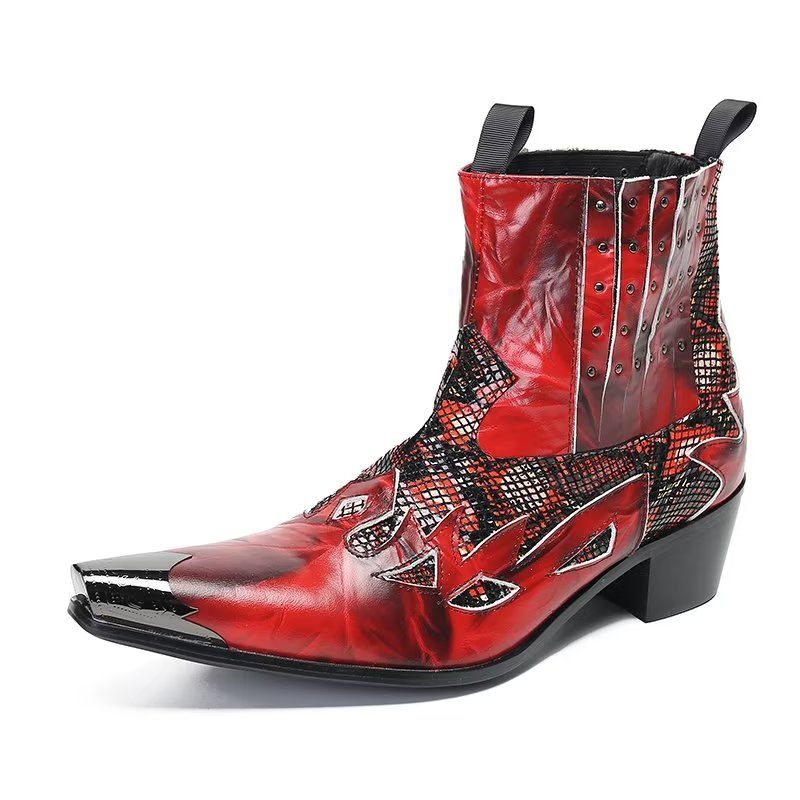 Botas Masculinas Couro Genuíno Com Textura Exótica - Vermelho