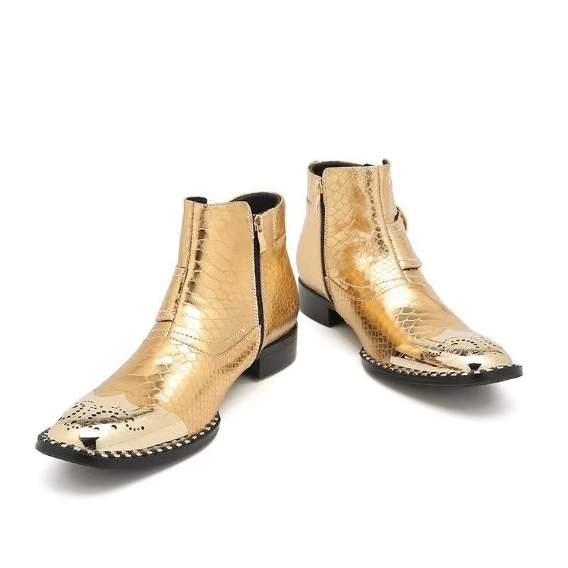 Botas Masculinas Couro Genuíno Elegantes Panturrilha Com Zíper Britânico - Ouro