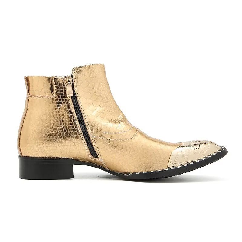 Botas Masculinas Couro Genuíno Elegantes Panturrilha Com Zíper Britânico - Ouro