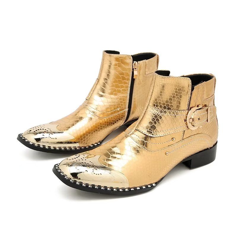 Botas Masculinas Couro Genuíno Elegantes Panturrilha Com Zíper Britânico - Ouro