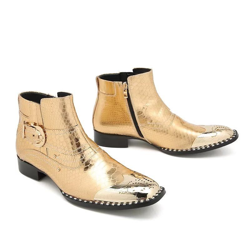 Botas Masculinas Couro Genuíno Elegantes Panturrilha Com Zíper Britânico - Ouro