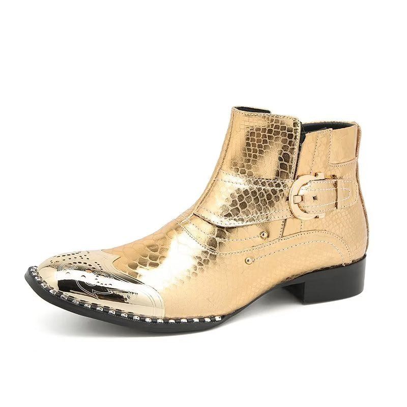 Botas Masculinas Couro Genuíno Elegantes Panturrilha Com Zíper Britânico - Ouro