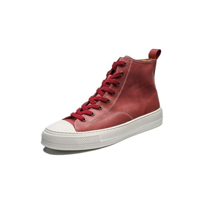 Botas Masculinas Couro Luxo Com Bico Redondo E Cadarço - Vermelho