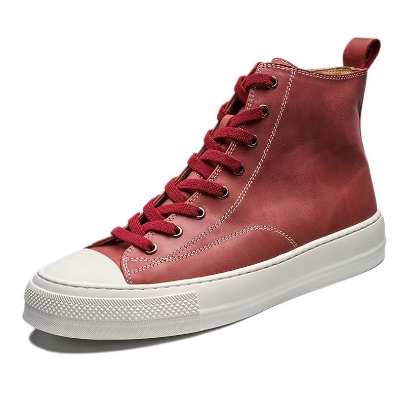 Botas Masculinas Couro Luxo Com Bico Redondo E Cadarço - Vermelho