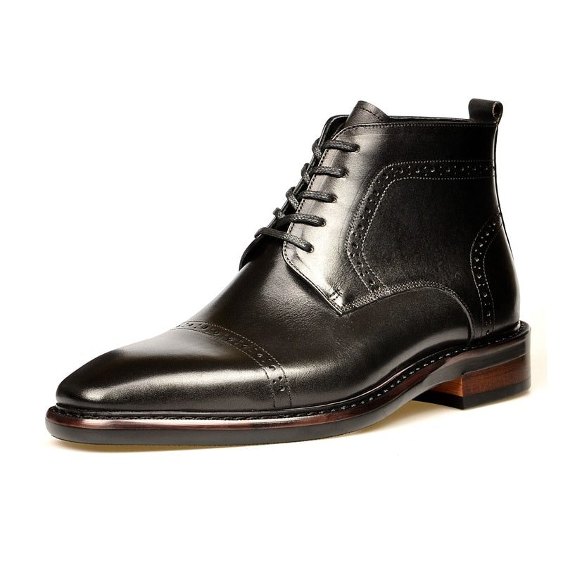 Botas Masculinas Couro Luxuoso Com Cadarço E Plataforma - Preto