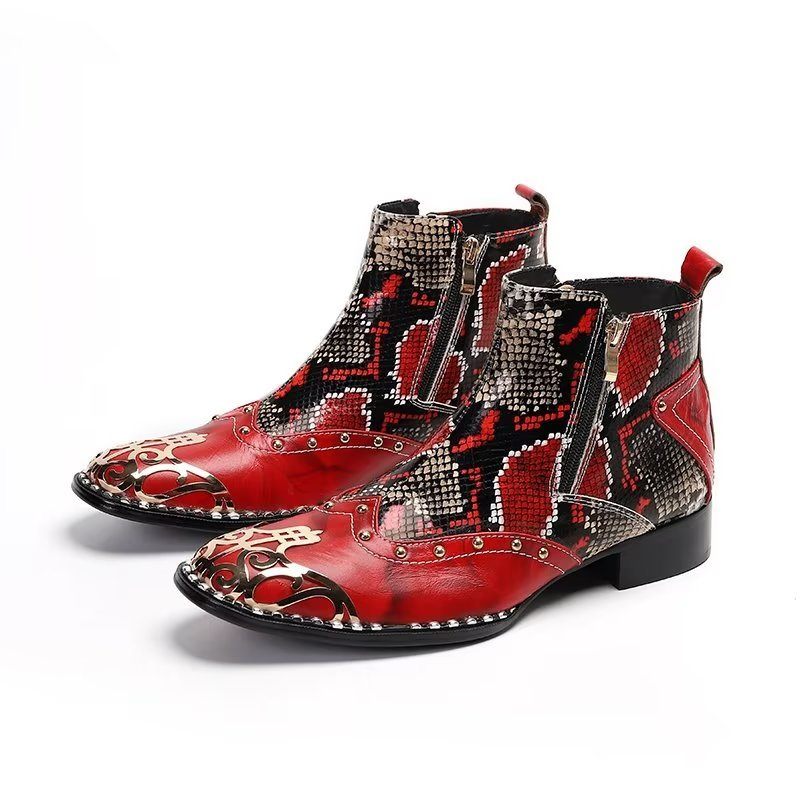 Botas Masculinas Couro Pele Serpente Exótica - Vermelho