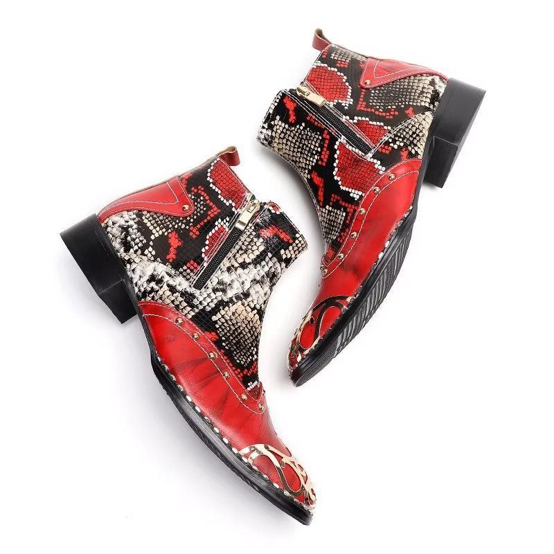 Botas Masculinas Couro Pele Serpente Exótica - Vermelho