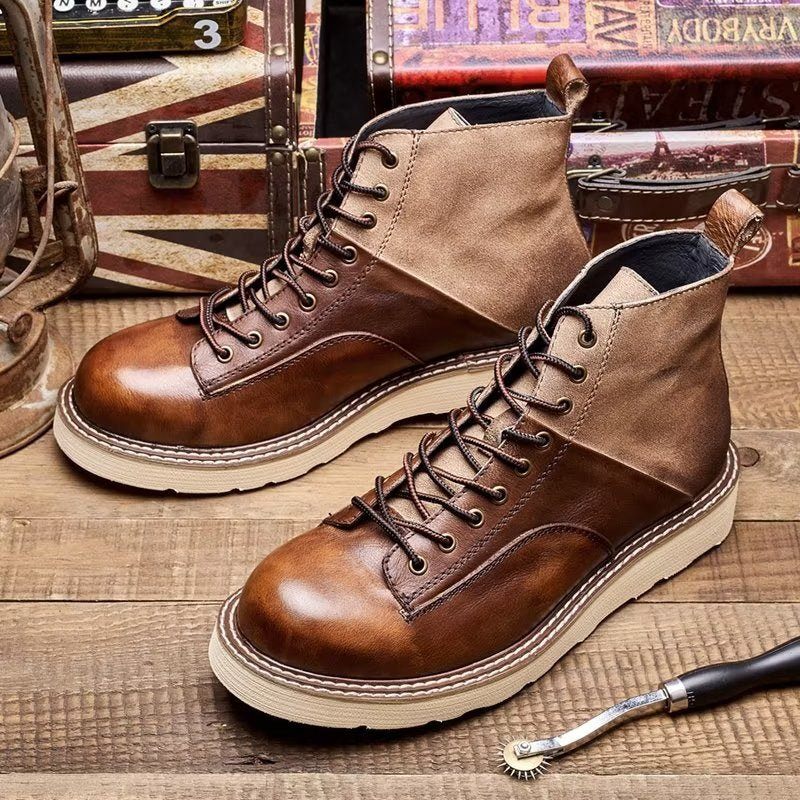 Botas Masculinas Couro Vaca Com Cordões - Café