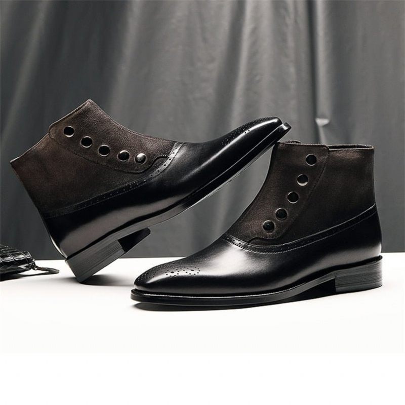 Botas Masculinas Couro Vaca Genuíno Chelsea Brogue Ankle Boots - Preto