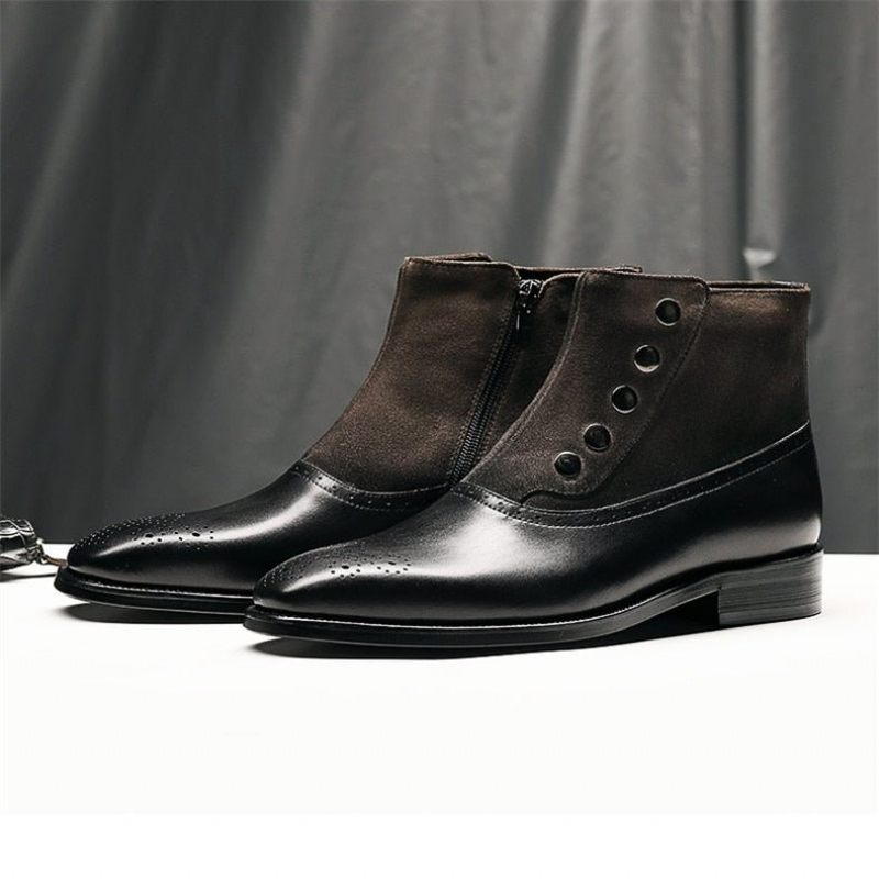 Botas Masculinas Couro Vaca Genuíno Chelsea Brogue Ankle Boots - Preto