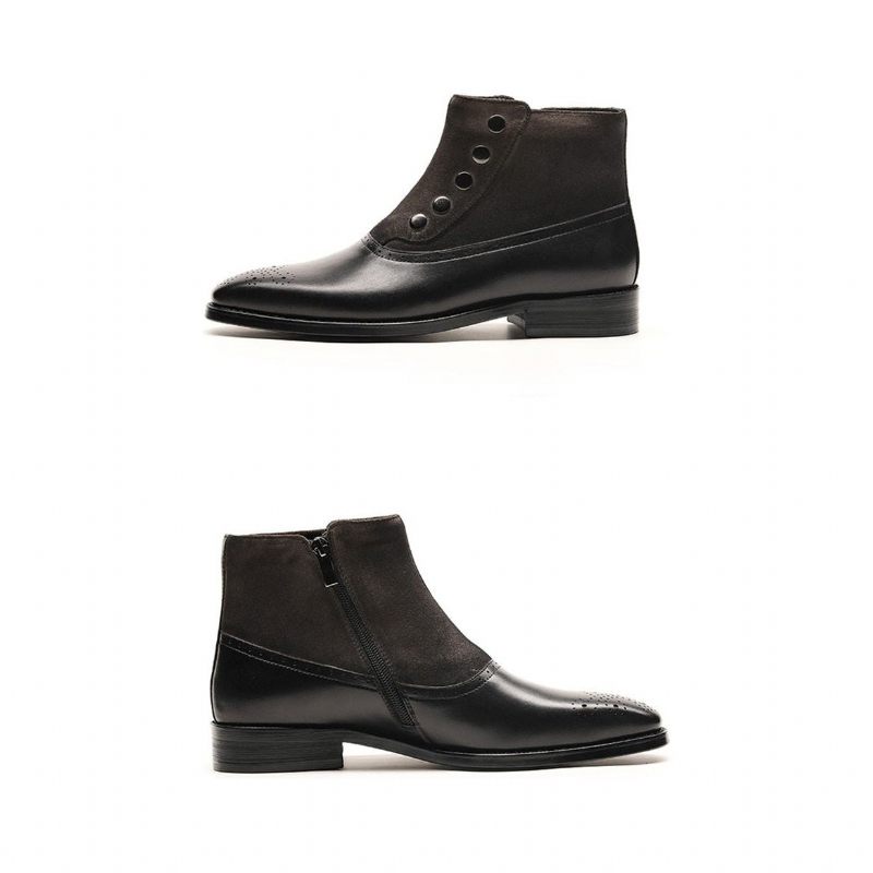 Botas Masculinas Couro Vaca Genuíno Chelsea Brogue Ankle Boots - Preto