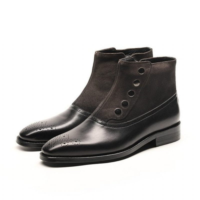 Botas Masculinas Couro Vaca Genuíno Chelsea Brogue Ankle Boots - Preto