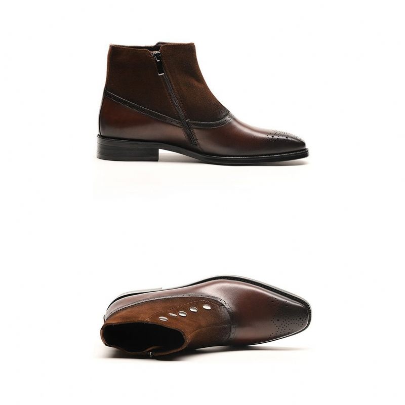 Botas Masculinas Couro Vaca Genuíno Chelsea Brogue Ankle Boots - Café