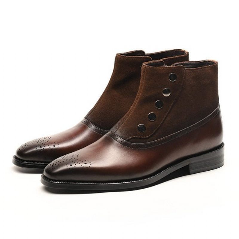 Botas Masculinas Couro Vaca Genuíno Chelsea Brogue Ankle Boots - Café