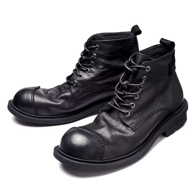 Botas Masculinas Couro Vaca Luxo Com Bico Redondo E Cadarço - Preto