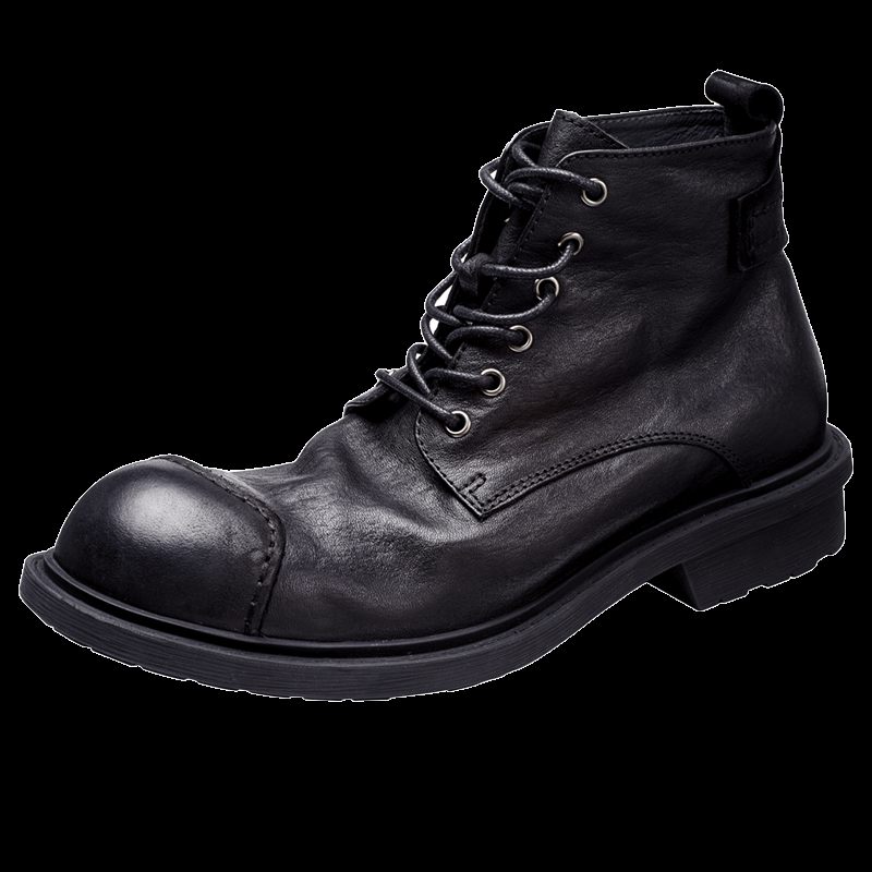 Botas Masculinas Couro Vaca Luxo Com Bico Redondo E Cadarço - Preto