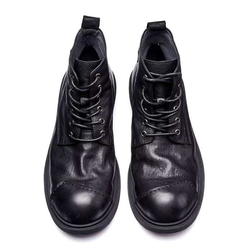 Botas Masculinas Couro Vaca Luxo Com Bico Redondo E Cadarço - Preto