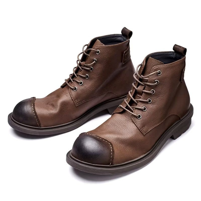 Botas Masculinas Couro Vaca Luxo Com Bico Redondo E Cadarço - Café