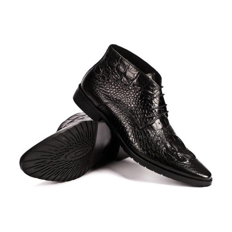 Botas Masculinas Croco Brilhante Chic Lace Up Ankle Boots - Preto