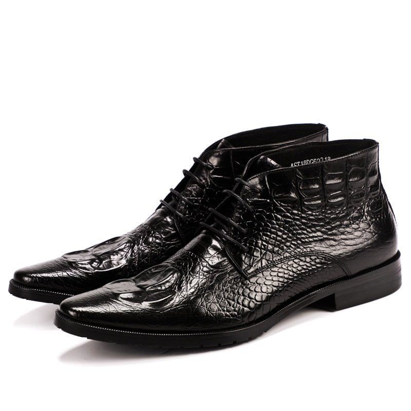 Botas Masculinas Croco Brilhante Chic Lace Up Ankle Boots - Preto