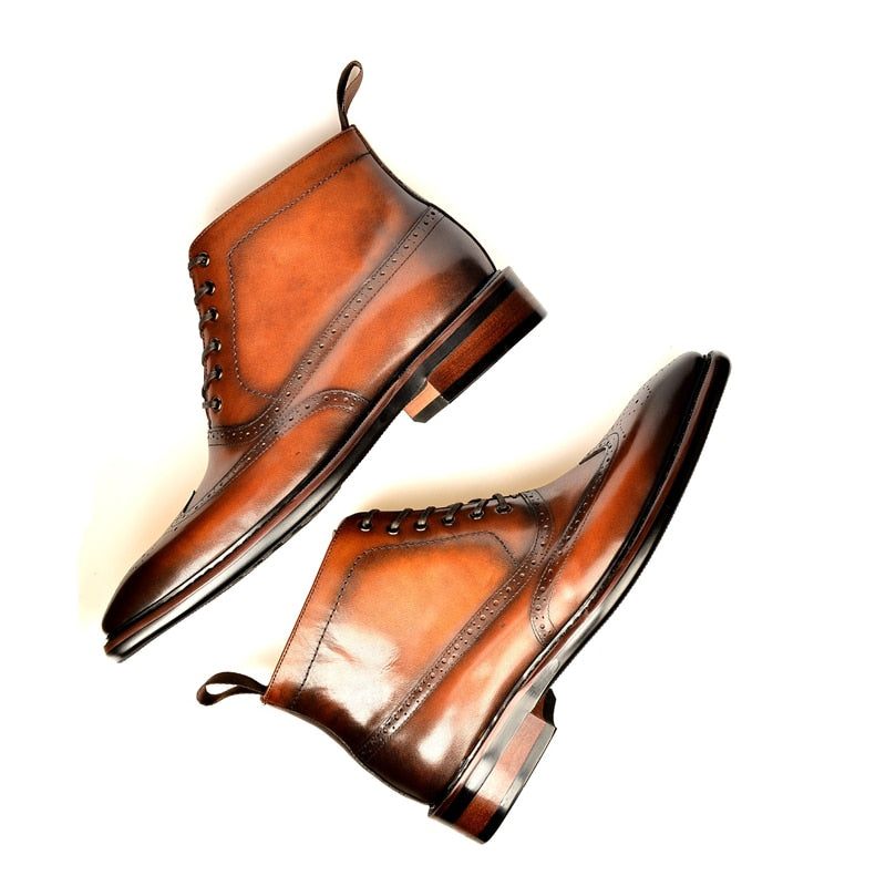 Botas Masculinas Designer Exótico Com Cordões Couro Chelsea Boots - Café