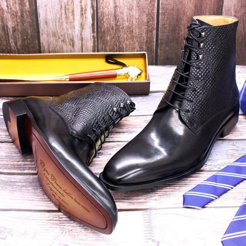 Botas Masculinas Elegantes Com Bico Fino Couro Vaca - Preto