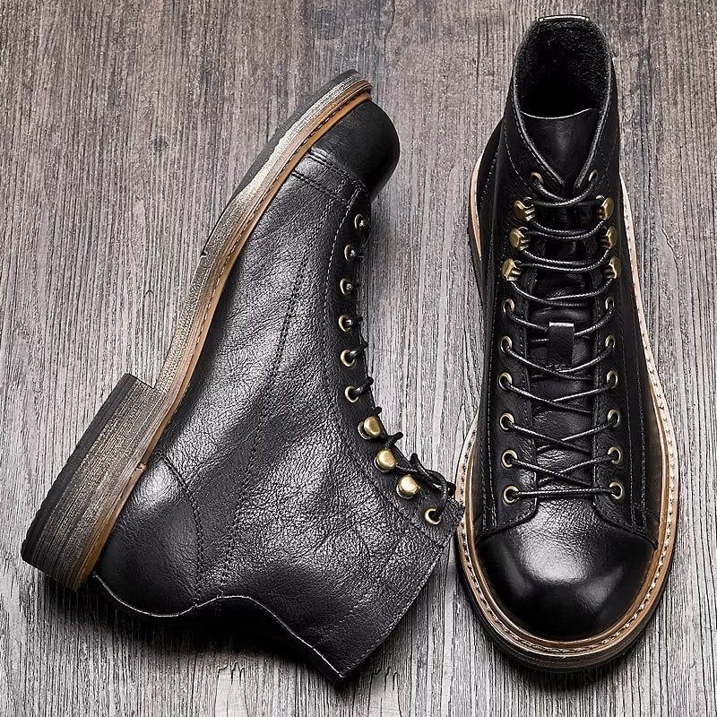 Botas Masculinas Elegantes Com Bico Redondo E Cadarço - Preto